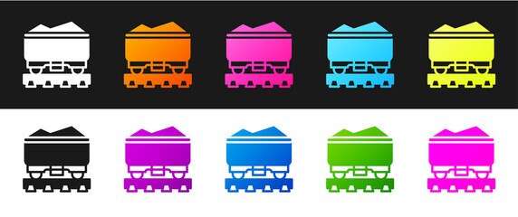 Set Coal train wagon icon isolated on black and white background. Rail transportation. Vector.