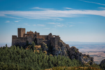 Fototapeta na wymiar Landscape of an ancient stone romanic castle on the mountain
