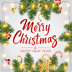 Christmas background with realistic pine branches, shining garlands, candy, serpentine, glitter gold snowflake, lettering Merry Christmas. Christmas, New Year greeting card, poster, postcard, banner