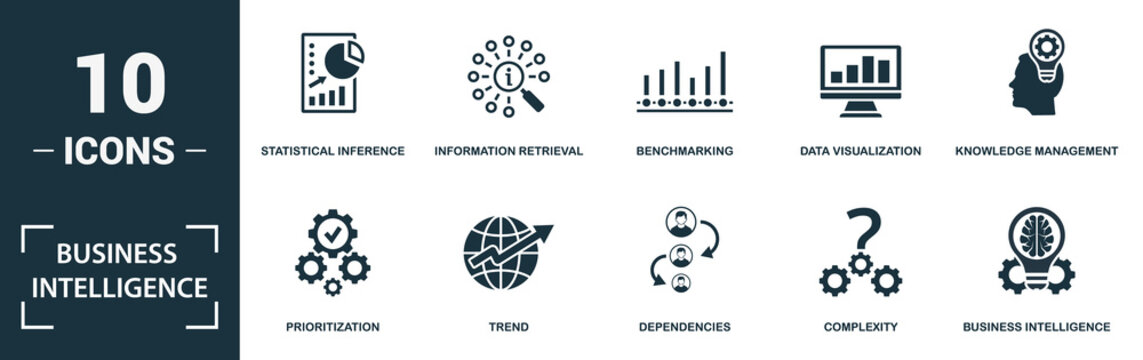 Business Intelligence Icon Set. Monochrome Sign Collection With Statistical Inference, Information Retrieval, Benchmarking, Data Visualization And Over Icons. Business Intelligence Elements Set.