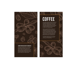 Template of the coffee flyer vector illustration. Design leaflets, brochures black, brown, white and orange with hand drawing illustrations vector