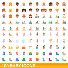 Fototapeta premium 100 baby icons set. Cartoon illustration of 100 baby icons vector set isolated on white background