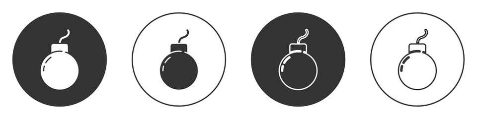 Black Bomb ready to explode icon isolated on white background. Circle button. Vector. - obrazy, fototapety, plakaty