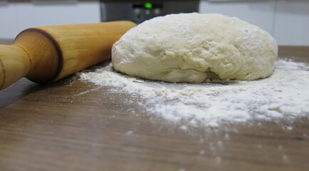 Dough, rolling pin and flour