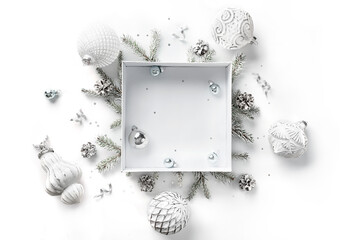 Merry Christmas card made of gift box, white and silver decorations, fir branches, sparkles and confetti on white background. Xmas and New Year holiday, bokeh, light. Flat lay, top view