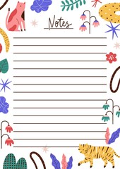Childish notebook or planner page decorated with cute flowers, animals and abstract shapes. Modern blank to do list, notes sheet template. Flat vector cartoon illustration on white background.