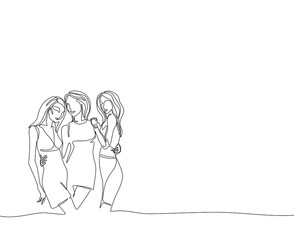 Three young girls, womens abstract silhouette, girlfriends, continuous line drawing, small tattoo, print for clothes and logo design, emblem or logo design, isolated vector illustration.