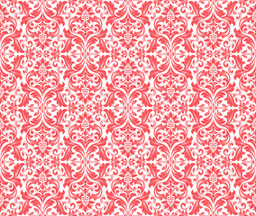 Wallpaper in the style of Baroque. Seamless vector background. White and pink floral ornament. Graphic pattern for fabric, wallpaper, packaging. Ornate Damask flower ornament