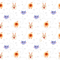 Cute animals seamless pattern. Lion, owl, hare on a white background. Printing on fabrics, packaging, postcards.