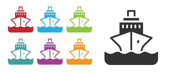 Fototapeta na wymiar Black Cruise ship icon isolated on white background. Travel tourism nautical transport. Voyage passenger ship, cruise liner. Worldwide cruise. Set icons colorful. Vector.
