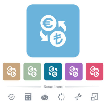 Euro Lira money exchange flat icons on color rounded square backgrounds