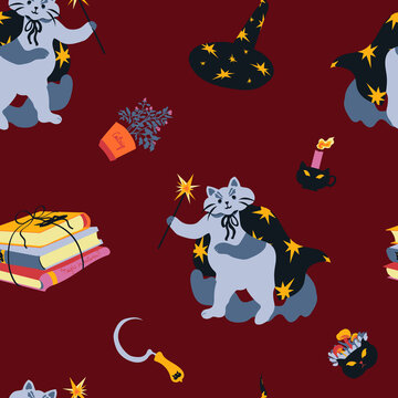 Bright Halloween vector seamless pattern with wizard cat and his magical items on dark red background