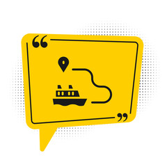 Black Ship line path of ship sea route with start point GPS and black line icon isolated on white background. Yellow speech bubble symbol. Vector.