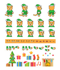 Cat in green Christmas outift creation set, various Christmas design elements. Vector illustration bundle