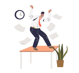 Stressed furious businessman throwing papers and standing on office desk. Stress at work