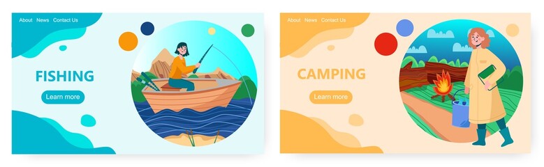 Woman fishing on a lake from a boat. Girl going to boil fish on bonfire. Summer outdoor activity and camping vector concept illustration. Web site design template