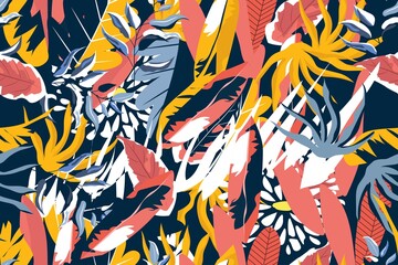 Abstract Modern Colorful Tropical Exotic Leaves Seamless Pattern, Plants and Leaves Design For Background or wallpaper, Template, Clothing, Fashion, Fabric, Batik, Wrapping.