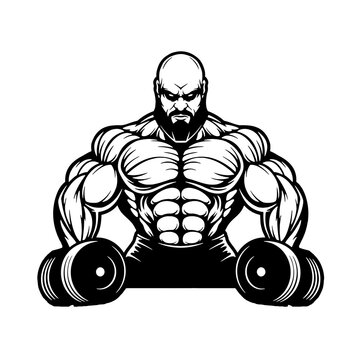strong muscular bearded bodybuilder with heavy dumbbells, vector, logo, cartoon, mascot, character