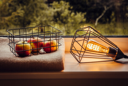 Rustic black metal wire home decorative elements. Caged lamp with edison bulb with spiral led and metal grid basket with red apples. Cozy warm mood light.
