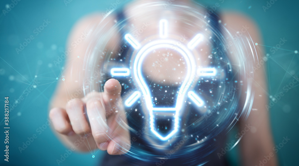 Aufkleber Woman using lightbulb neon digital interface 3D rendering