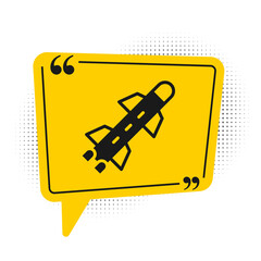 Black Rocket icon isolated on white background. Yellow speech bubble symbol. Vector.
