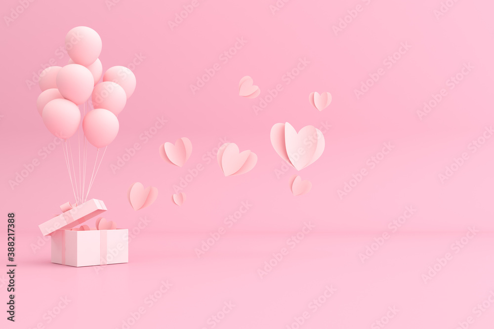 Poster 3d rendering of gift box with balloons and paper hearts.