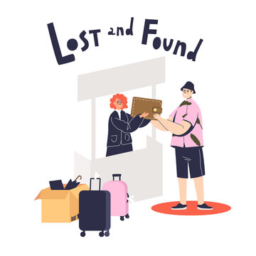 Man Returning Lost Wallet To Lost And Found Service Worker. People Helping With Finding Stuff