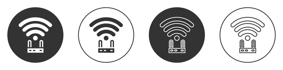 Black Router and wi-fi signal icon isolated on white background. Wireless ethernet modem router. Computer technology internet. Circle button. Vector.