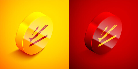 Isometric Plane takeoff icon isolated on orange and red background. Airplane transport symbol. Circle button. Vector.