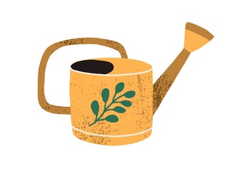 Yellow vintage watering can isolated on white background. Simple horticulture tool decorated with green leaf. Hand drawn flat cartoon colorful textured vector illustration © Good Studio