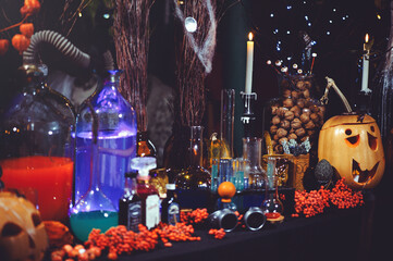 glass bottles and candles of Halloween
