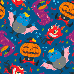 Naklejka na ściany i meble Halloween Doodle Character Seamless Pattern. Handdrawn vector illustration with Pumpkin Jack o Lantern, Dragon, Cute Vampire, Dragon, small patterns. Mystery, For background, wallpaper, fabric, paper