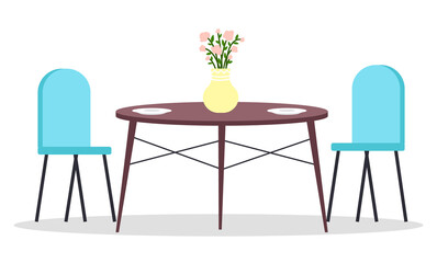 Isolated chairs, table with flower in vase and two food plates at white background. Modern stylish furniture for home, restaurant or cafe. Cozy place for rest, sitting, eat. Comfortable place