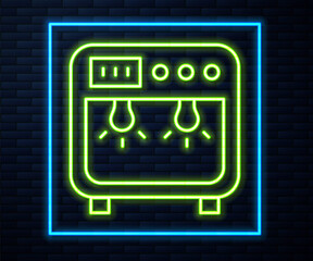 Glowing neon line Biosafety box icon isolated on brick wall background. Vector.
