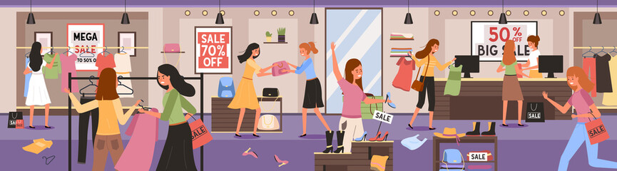 Woman in clothing store on Black Friday. Women carrying shopping paper bag running for sales. Girls hurrying for seasonal sale in store, shop, mall, showroom. Female customers enjoying discounts sale