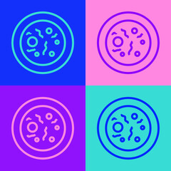 Pop art line Petri dish with bacteria icon isolated on color background. Vector.