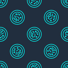 Green line Petri dish with bacteria icon isolated seamless pattern on blue background. Vector.