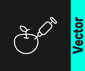 White line Genetically modified apple icon isolated on black background. GMO fruit. Syringe being injected to apple. Vector.