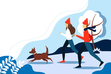 Man and woman running with the dog in the Park in winter. Cute illustration in flat style.