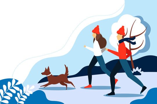 Man And Woman Running With The Dog In The Park In Winter. Cute Illustration In Flat Style.