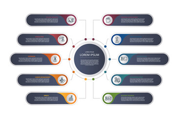 Infographic Business Training template. Icons in different colors. Include Online Training, Consulting, Potencial, Career Advancement and others.