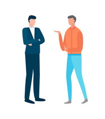 People working in business vector, discussion of partners with arguing, confident male and unsure person, employer and employee isolated males flat style