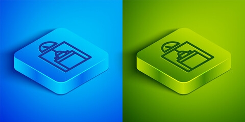 Isometric line Lift icon isolated on blue and green background. Elevator symbol. Square button. Vector.