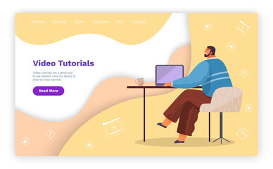Video tutorials, online courses concept. Vector flat illustration for web, landing page template. E learning, distance business training. Man sitting at a table with laptop studying webinar remotely