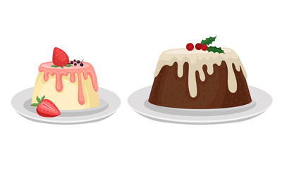 Tasty Pudding Topped with Berry and Creamy Sauce Vector Set