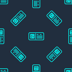 Green line QR code ticket train icon isolated seamless pattern on blue background. Vector.