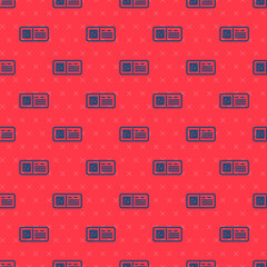 Blue line QR code ticket train icon isolated seamless pattern on red background. Vector.