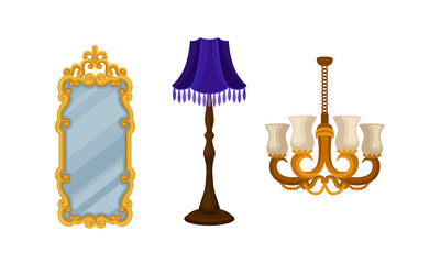 Vintage Furniture with Mirror and Chandelier Vector Set