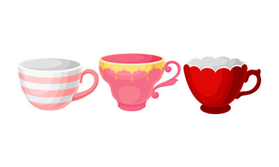 Porcelain or Ceramic Cups with Handle for Drinking Tea Vector Set