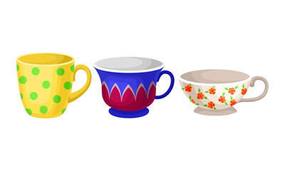 Porcelain or Ceramic Cups with Handle for Drinking Tea Vector Set